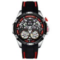 Men's automatic mechanical watch with luminous markers on a hollow blue dial.
