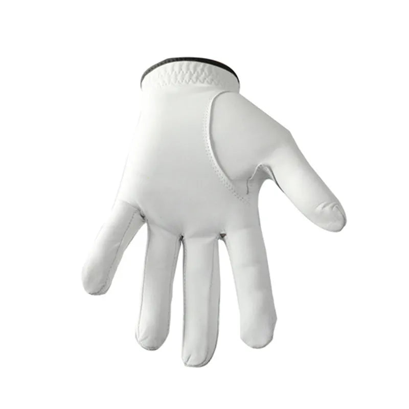 Men's white half sheepskin golf glove showing non-slip palm.