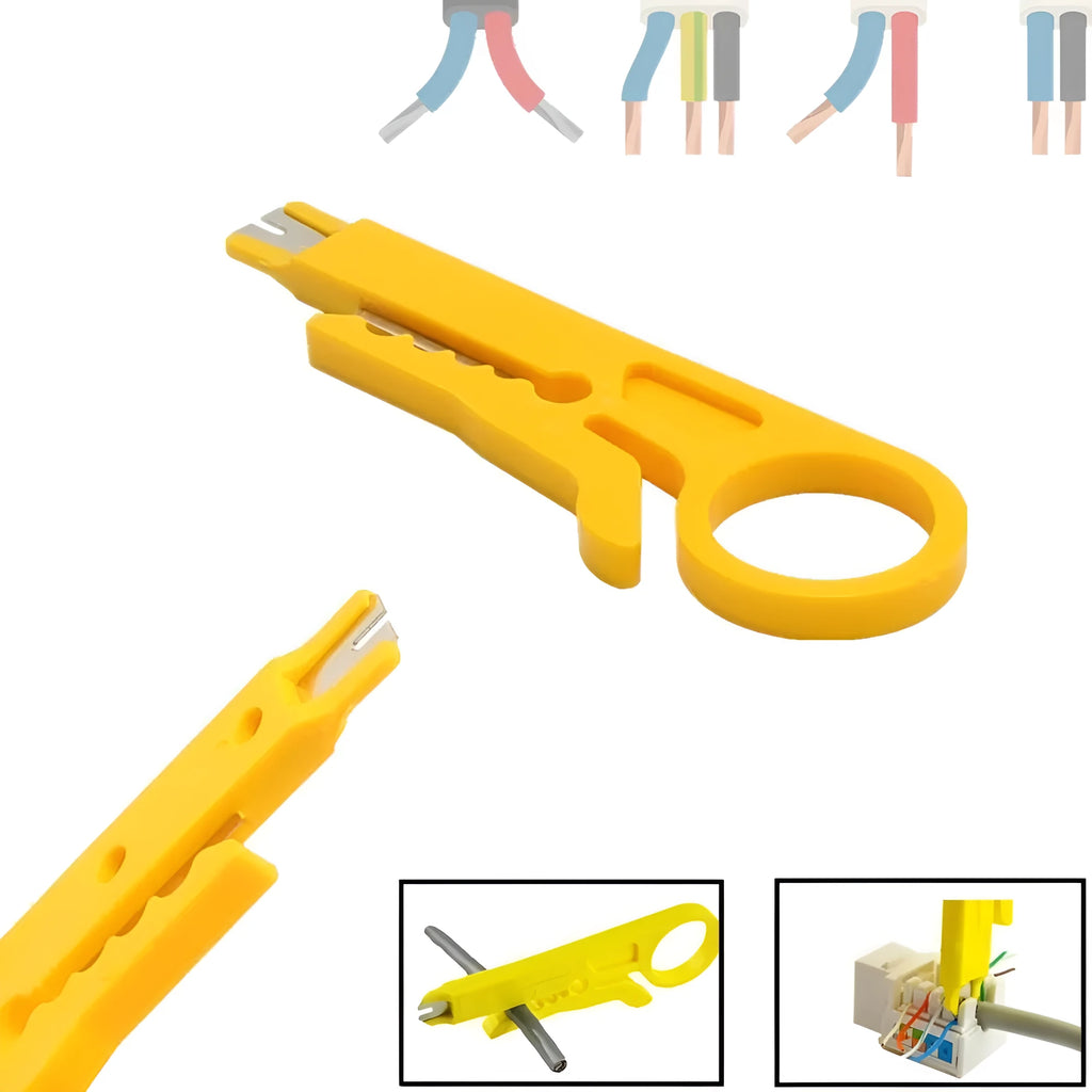Yellow handheld mini wire stripper tool showing 0.6mm stripping diameter for electrical cables