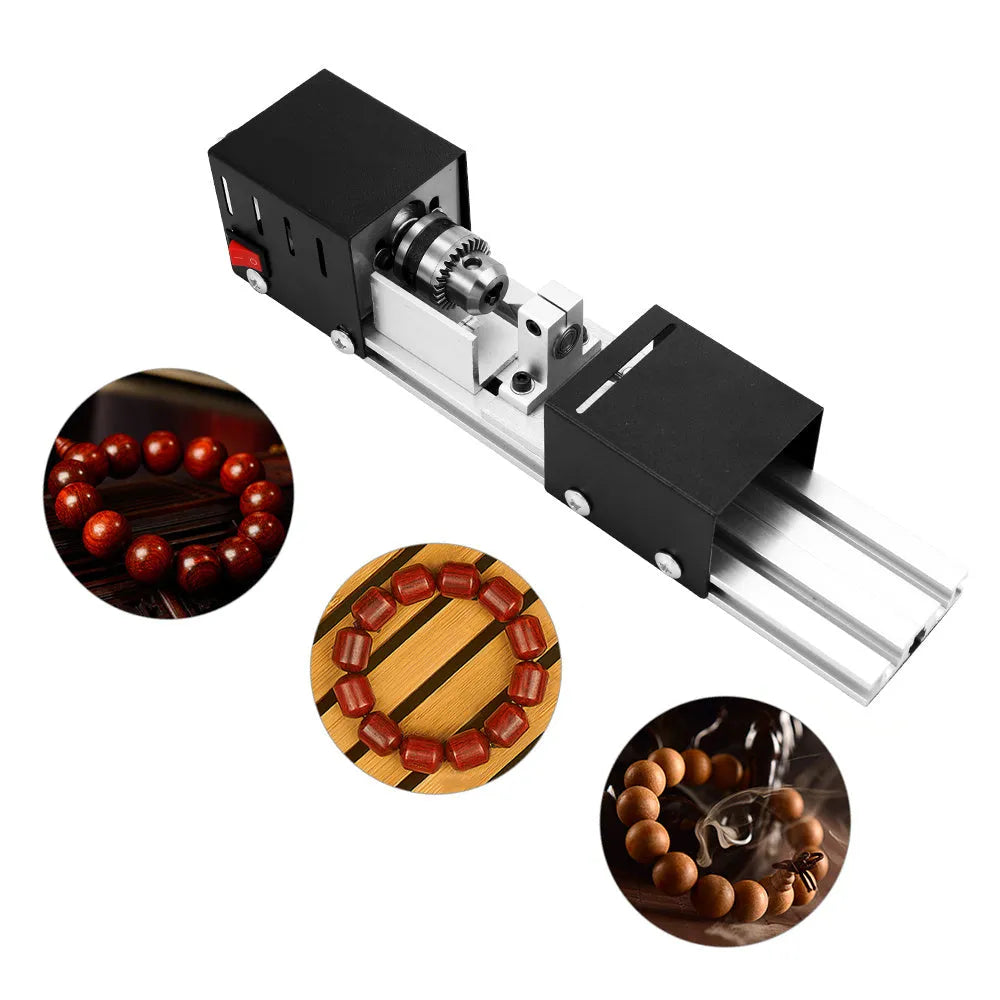 Mini metal silver woodworking lathe with carving knives and accessories for small craft projects