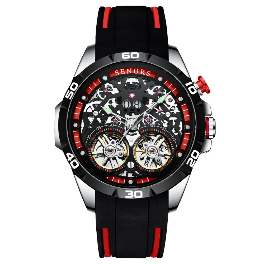Men's automatic mechanical watch with luminous markers on a hollow blue dial.