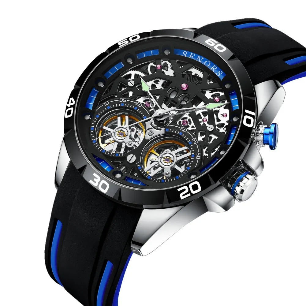 Men's automatic mechanical watch with luminous markers on a hollow blue dial.