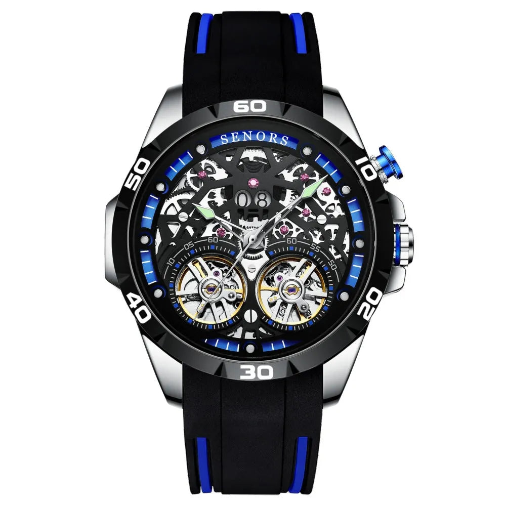 Men's automatic mechanical watch with luminous markers on a hollow blue dial.