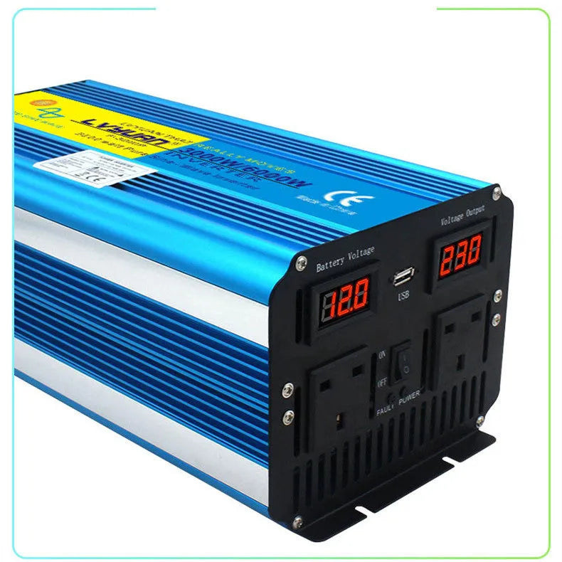Blue 3000W pure sine wave car power inverter with digital display and British Standard socket