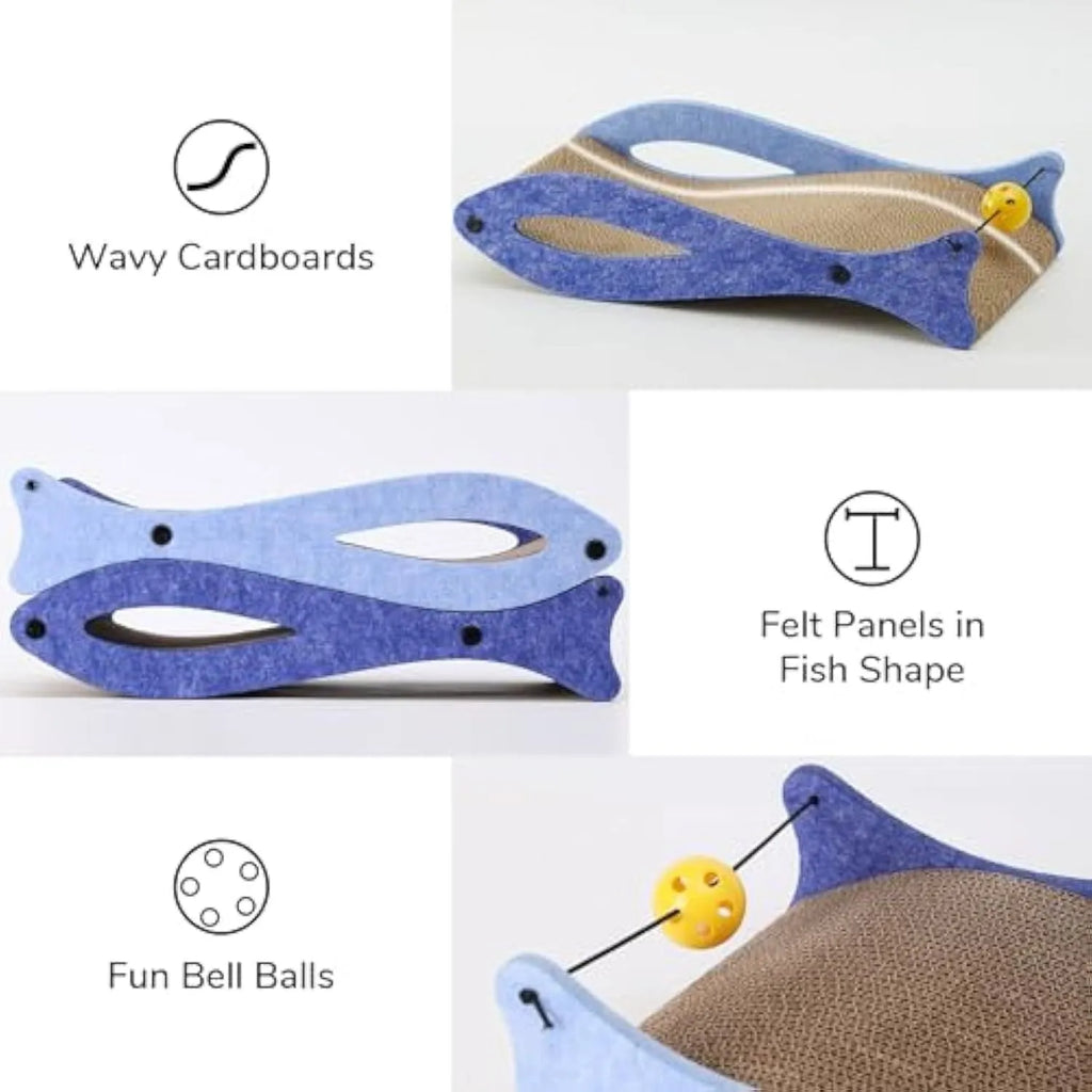 Blue fish-shaped cardboard cat scratcher lounge with dangling ball toys on an elastic cord.