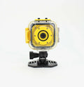 Yellow children's waterproof sports camera with 1.77-inch screen showing HD recording interface