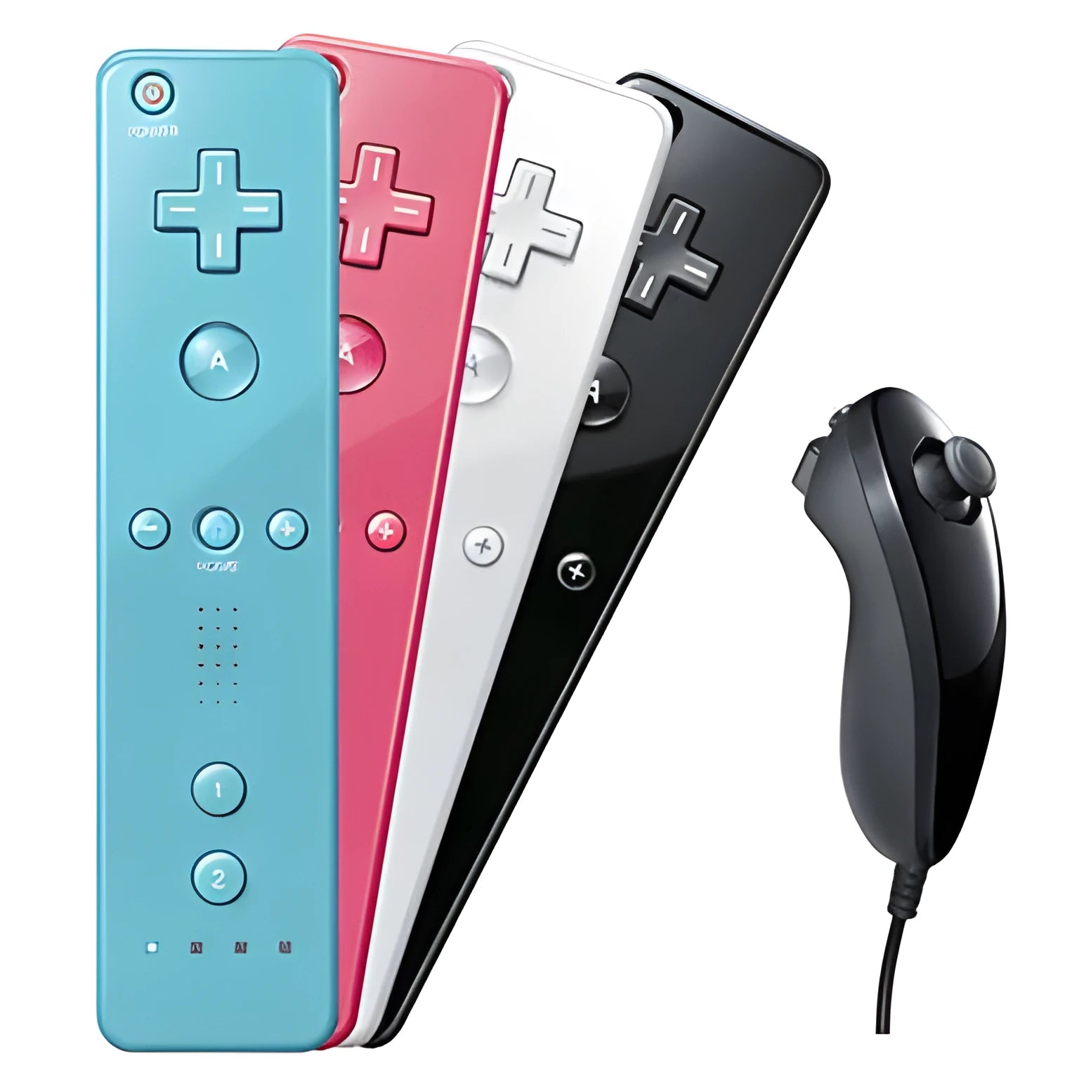Wii wireless controller set showing left and right gamepads in multiple colour options