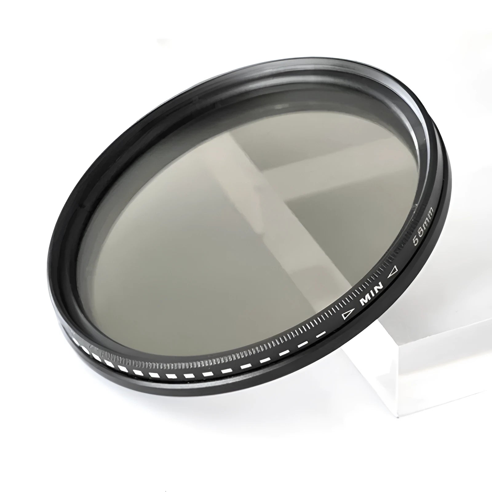 Adjustable multi-diameter neutral density camera filter with ND-2, ND-4, ND-8, and ND-400 grayscale options.