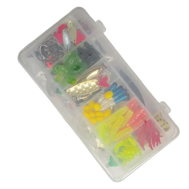 142-piece fishing lure set showing hard minnow lures, sequin lures, fishing pliers, and hooks arranged together