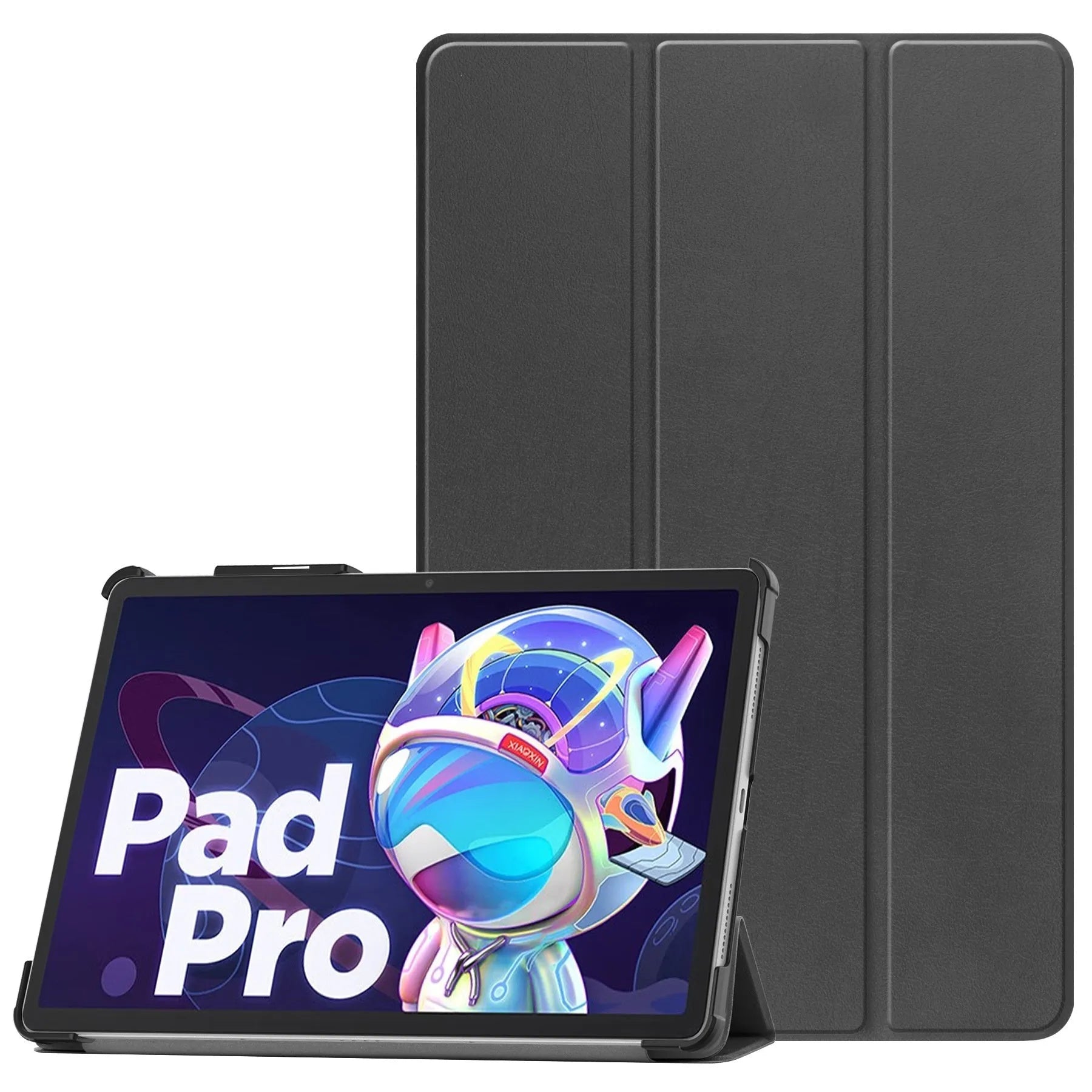 LenovoTab P12 plastic protective case in a decorative pattern, folded to show the integrated magnetic stand.