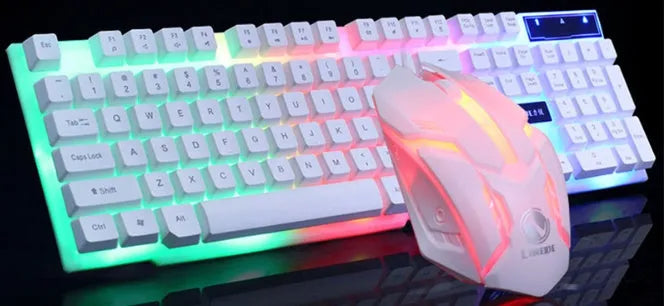 GTX300 black and white wired USB gaming keyboard and mouse set with backlit keys on a desk