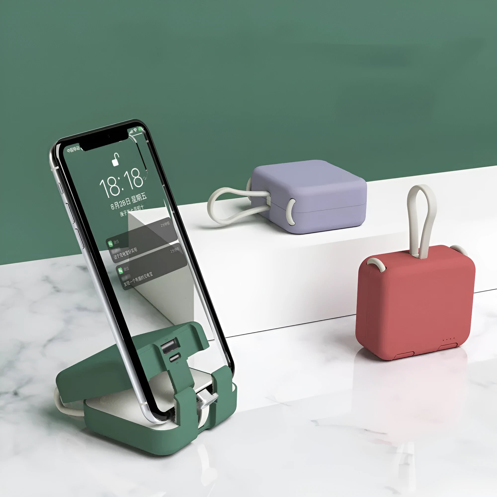 Handbag back clip power bank in blue showing USB-A and Type-C ports and integrated phone stand function.