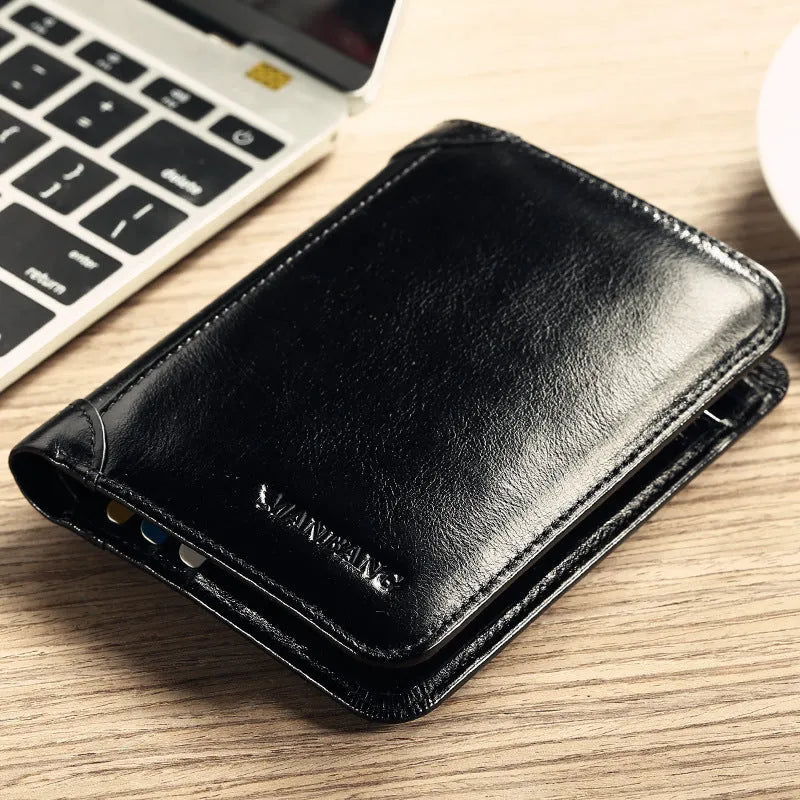 Men's black leather bifold wallet open to show internal card slots, photo window, coin pocket, and banknote compartment.