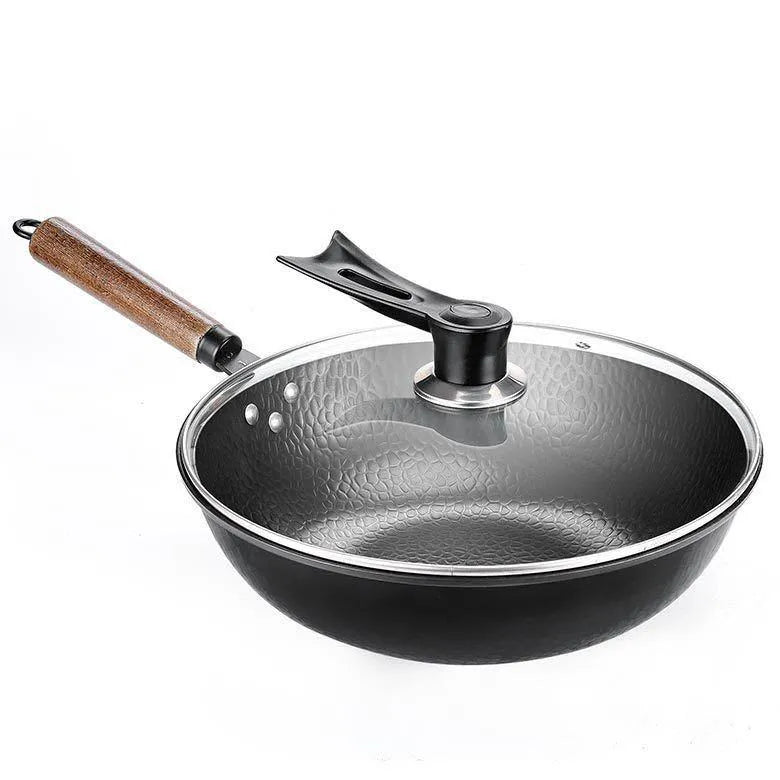 Traditional black iron wok with wooden handle showing 40cm diameter and flat induction base