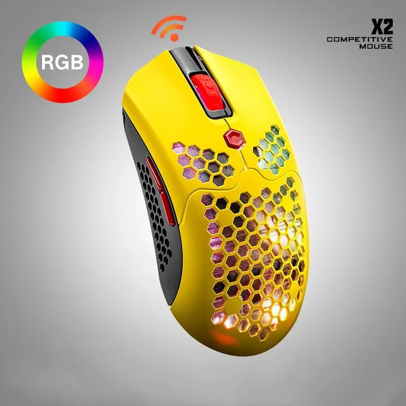 Free Wolf X2 wireless RGB gaming mouse in black, green, pink, white, and yellow colours on a desk