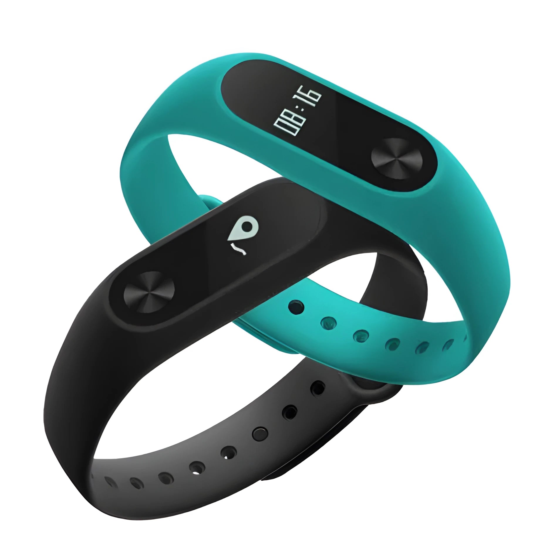 Xiaomi Mi Band 2 black fitness tracker with OLED screen on a grey wrist strap.
