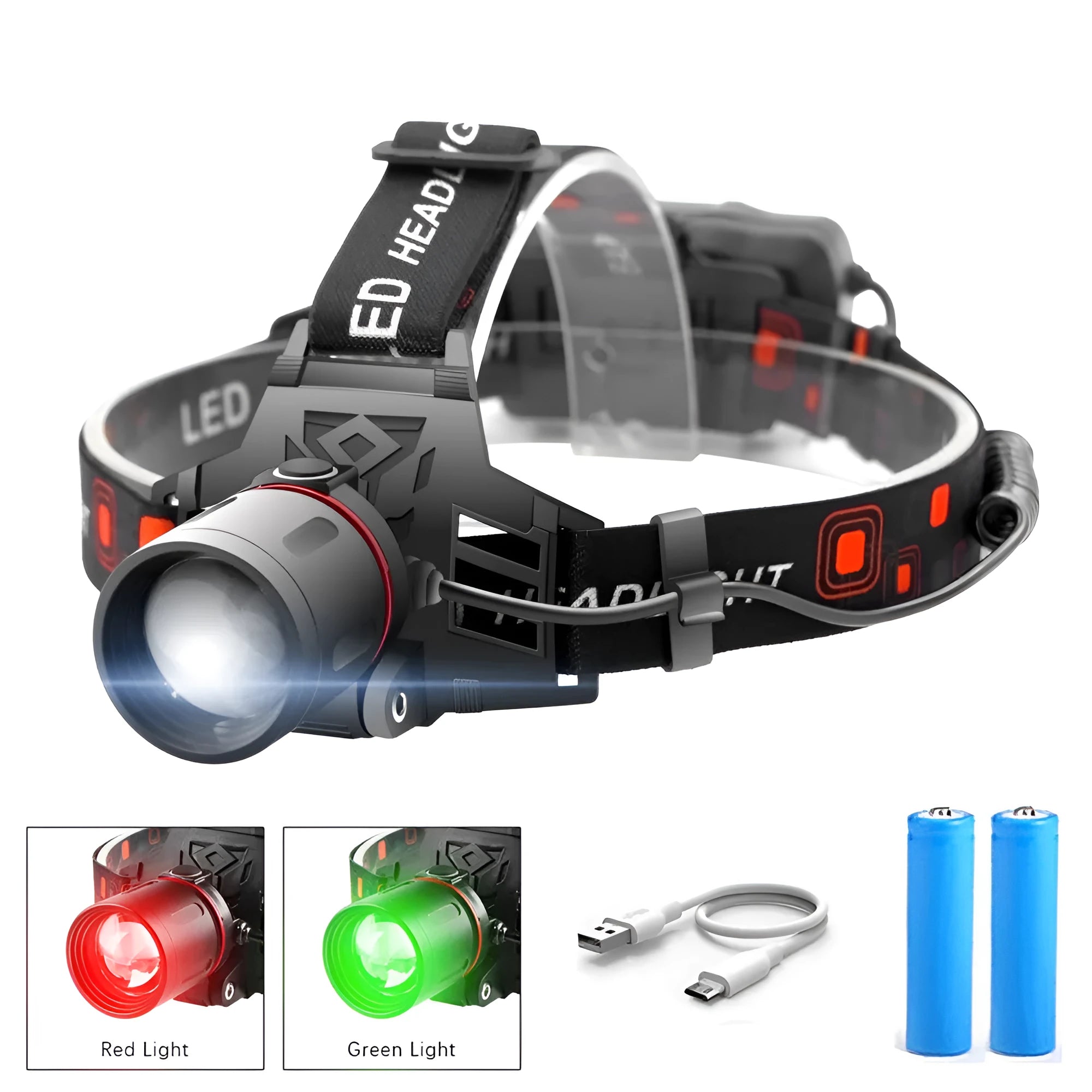 T6 LED zoom headlamp showing white, red, and green light beams with adjustable focus.