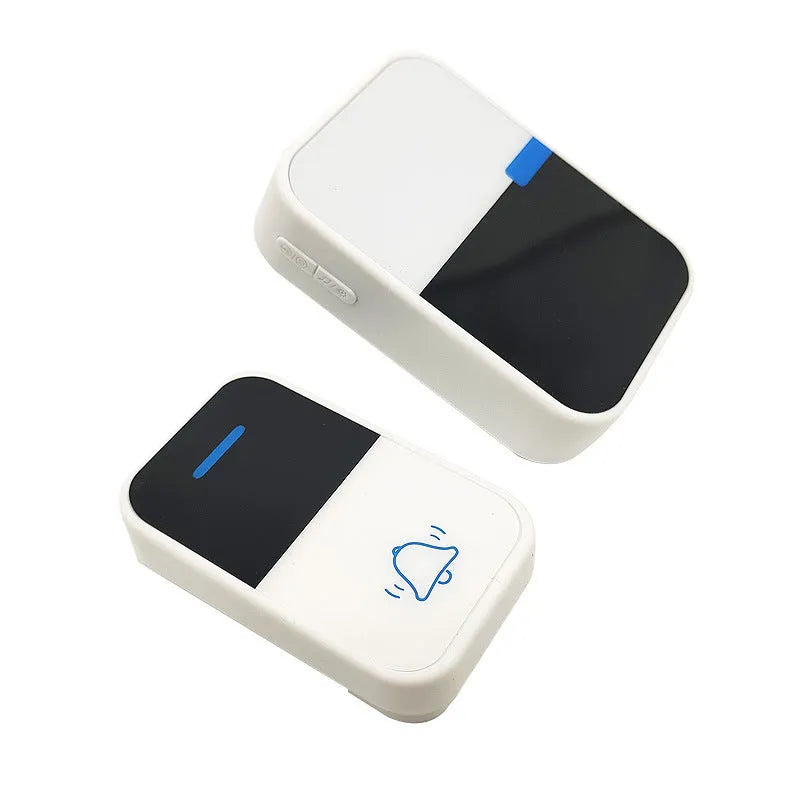 White plastic self-generating wireless doorbell with receiver and transmitter units showing modern design