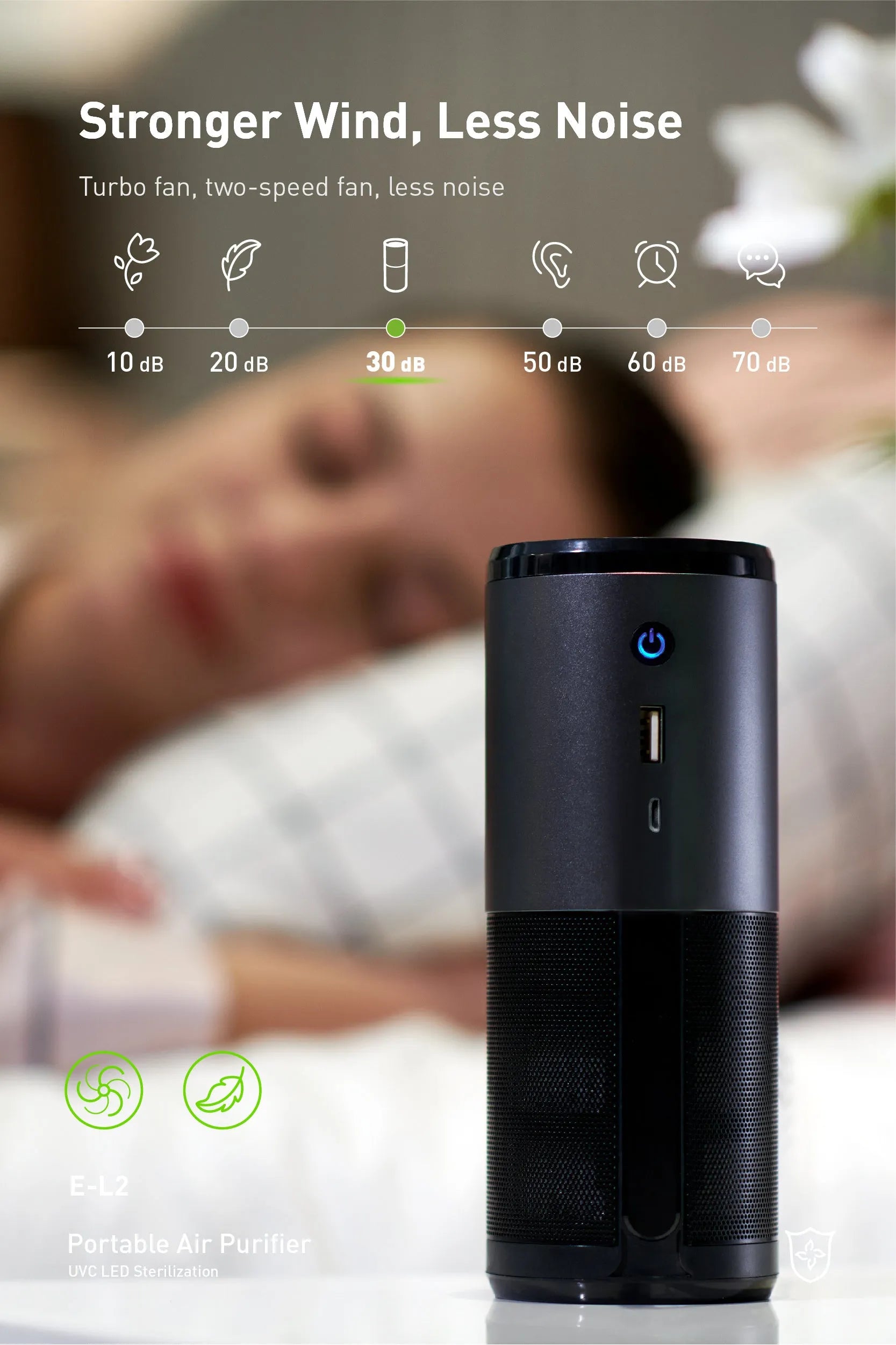 Compact black portable car air purifier with USB port and air quality indicator light.