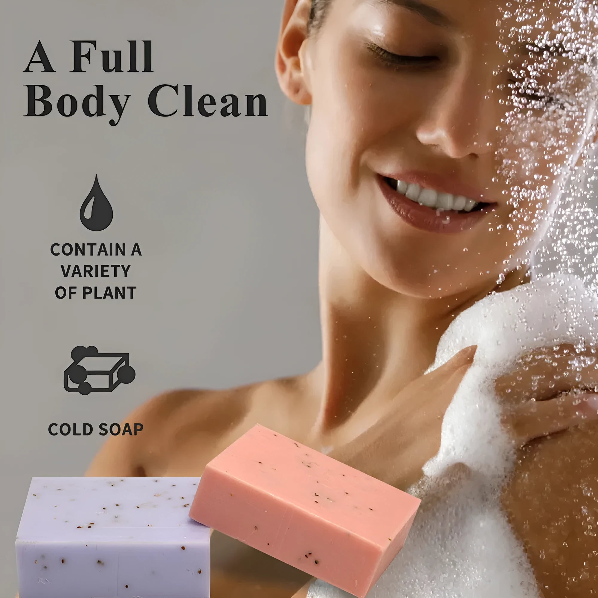 A frosted handmade essential oil soap bar in one of five scents: coconut, green tea, lavender, rose, or Four Boxes.