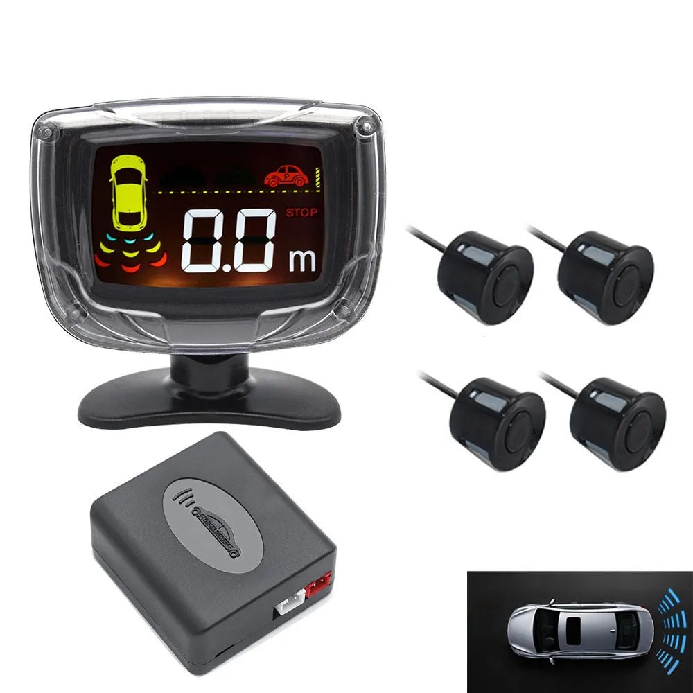 Black wireless reversing sensor kit for cars with digital display unit and four round probes