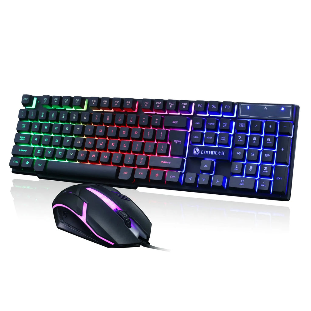 Limei Gtx300 wired USB gaming keyboard and mouse set in four colour options on a desktop.
