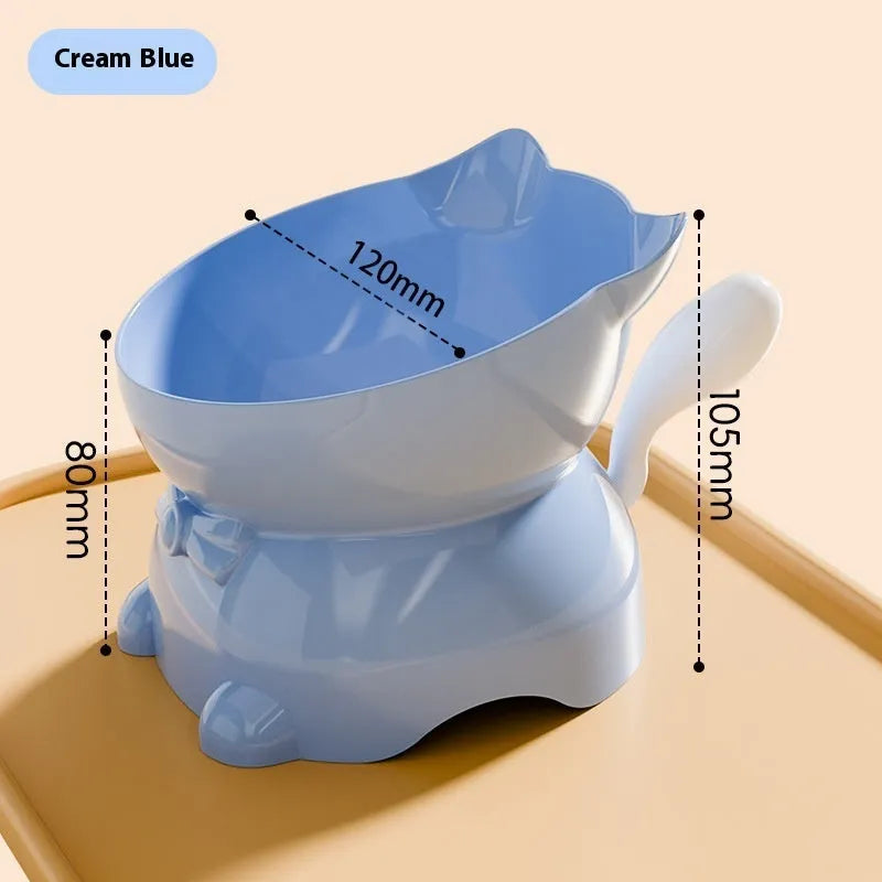 Stainless steel tilted anti-fall cat bowl in black, blue, pink, and yellow colour options.