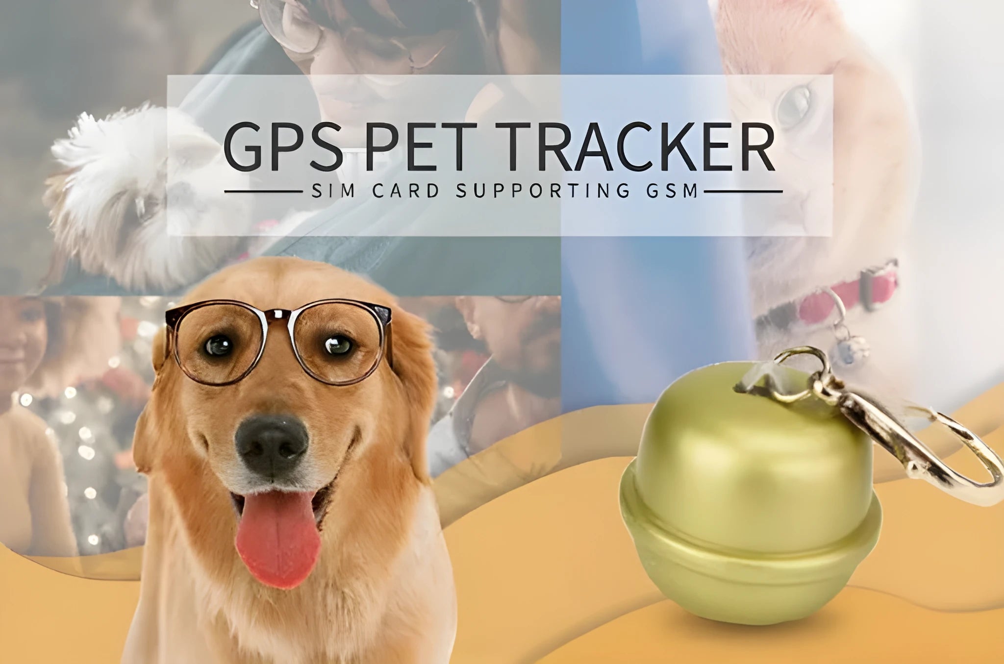 A GPS pet tracker device attached to a dog collar, shown in black, brown, green, and pink colour options.