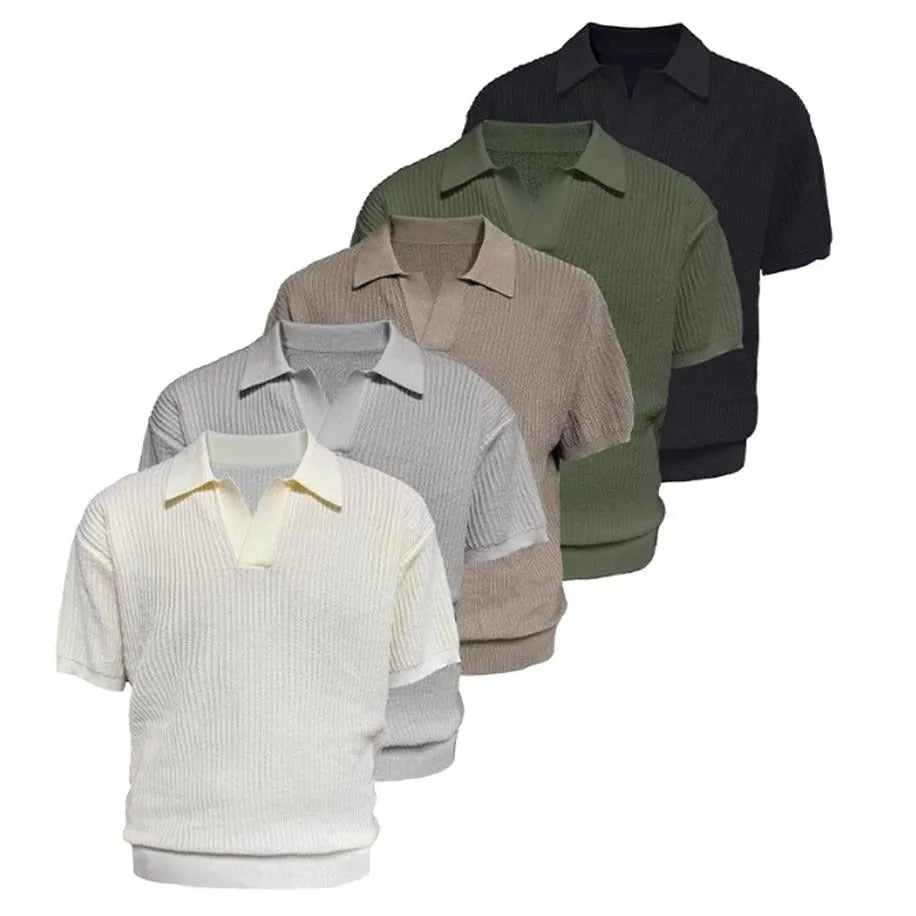 Men's loose fit striped polo shirt in ice silk fabric showing business collar and short sleeves