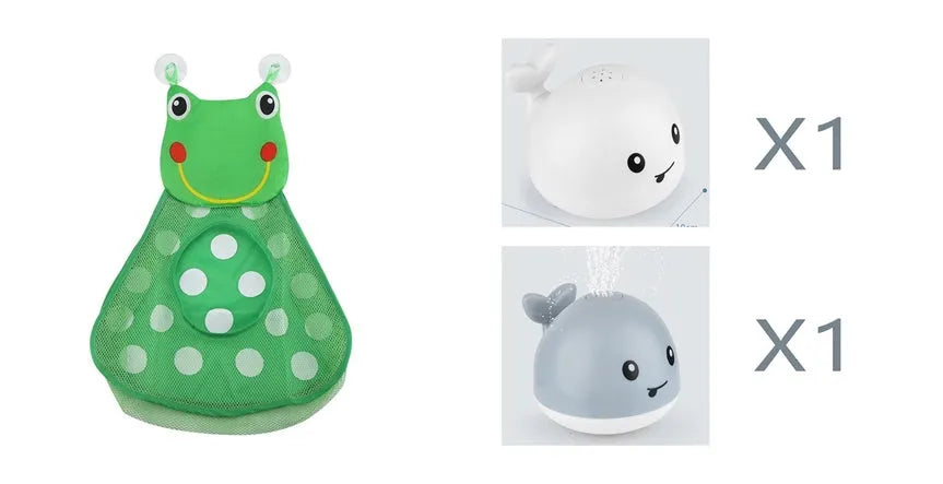 White and blue whale-shaped bath toy with water spray and LED lights floating in water