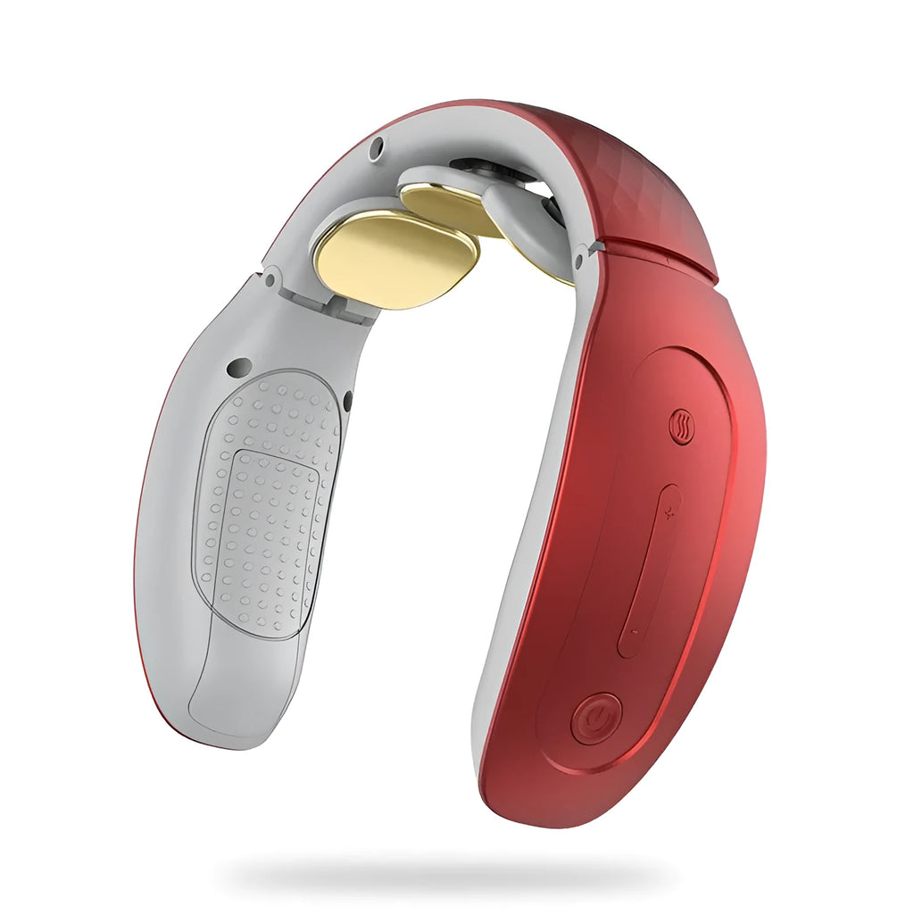 Small red or white intelligent cervical massager unit with battery, for neck, back and leg relief.