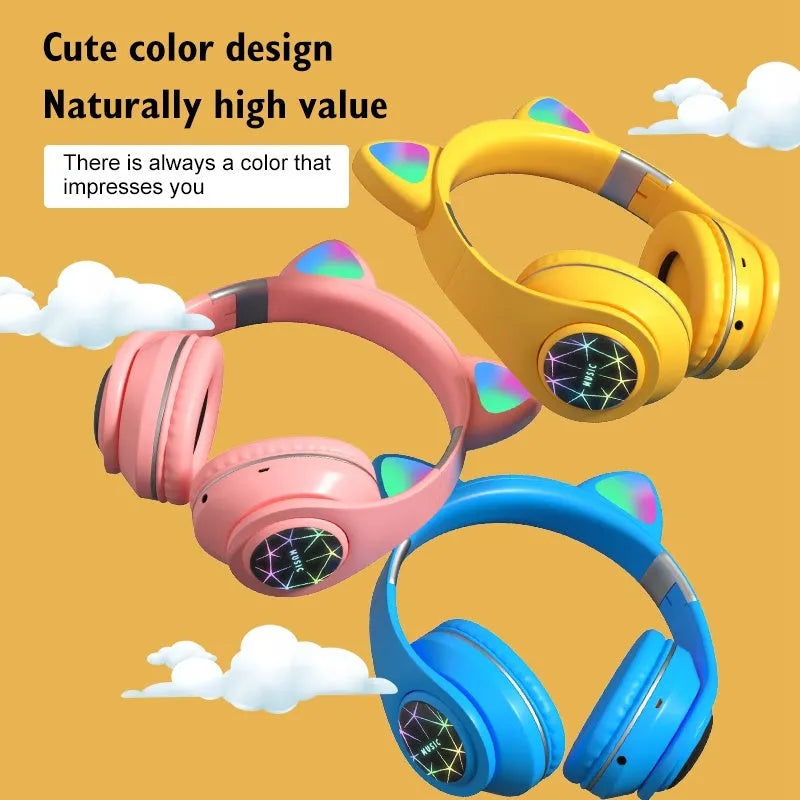 Cat ear styled wireless Bluetooth sports headset in various colours on display