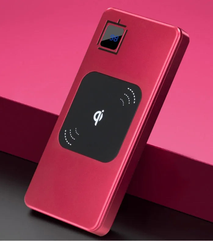 Silver alloy portable power bank with LCD display showing battery percentage, next to a smartphone.