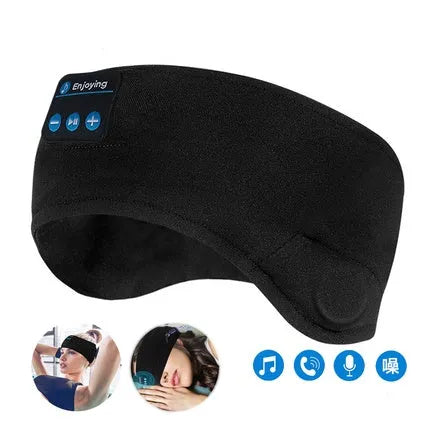 Black Bluetooth sleep eye mask with integrated wireless earphones for music playback during rest