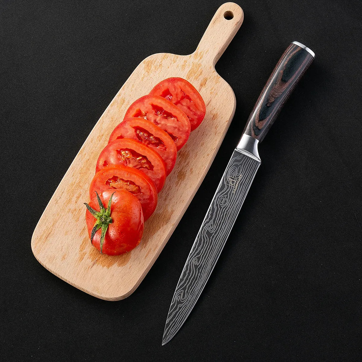 Kitchen chef knife with laser Damascus pattern on 7CR17 stainless steel blade and colour steel handle