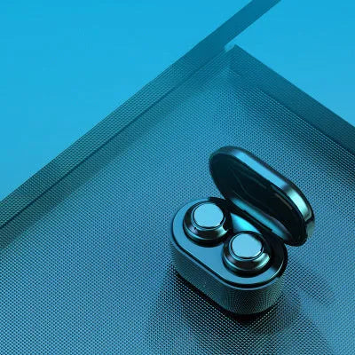 Black bilateral stereo Bluetooth earplug headset with a 10-metre wireless range