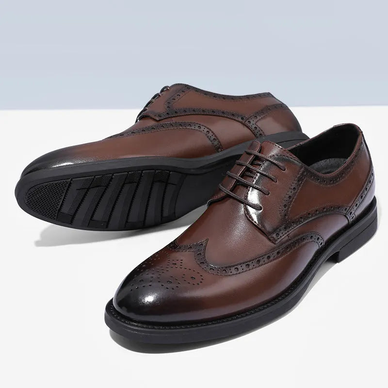 Men's black and brown brogue formal shoes with PU leather upper for business wear.