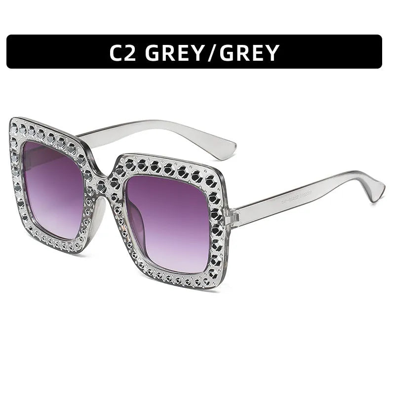 Large square frame sunglasses with rhinestone details on a PC frame in multiple colour options