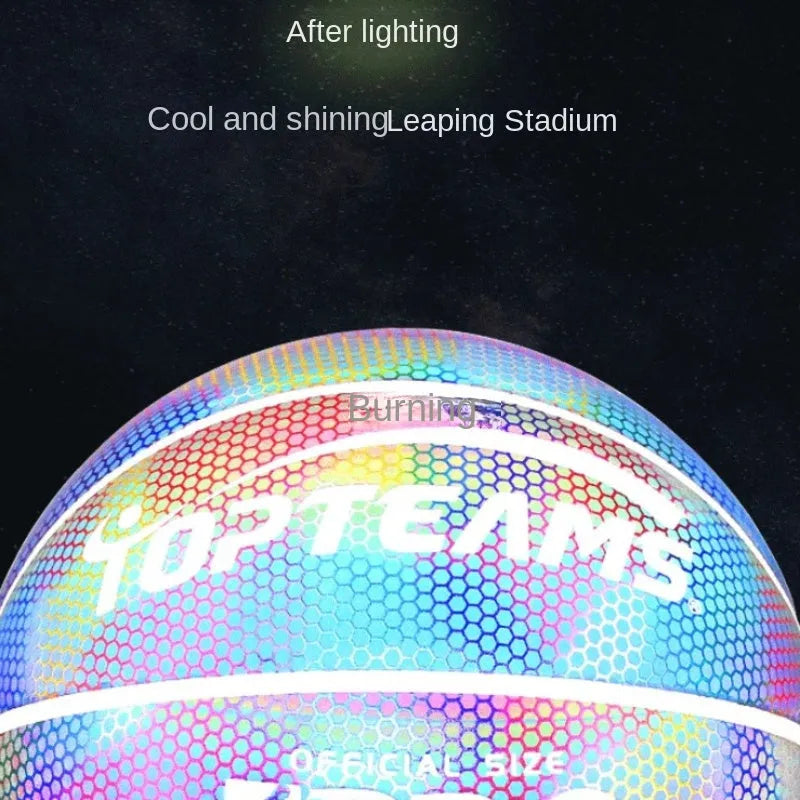 Chroma and white PU basketball with holographic reflective patches, size 7
