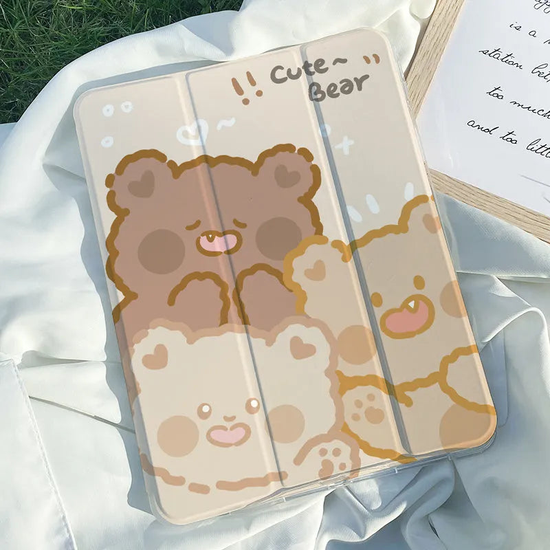 Silicone tri-fold iPad protective case with cartoon rabbit design shown open as a stand