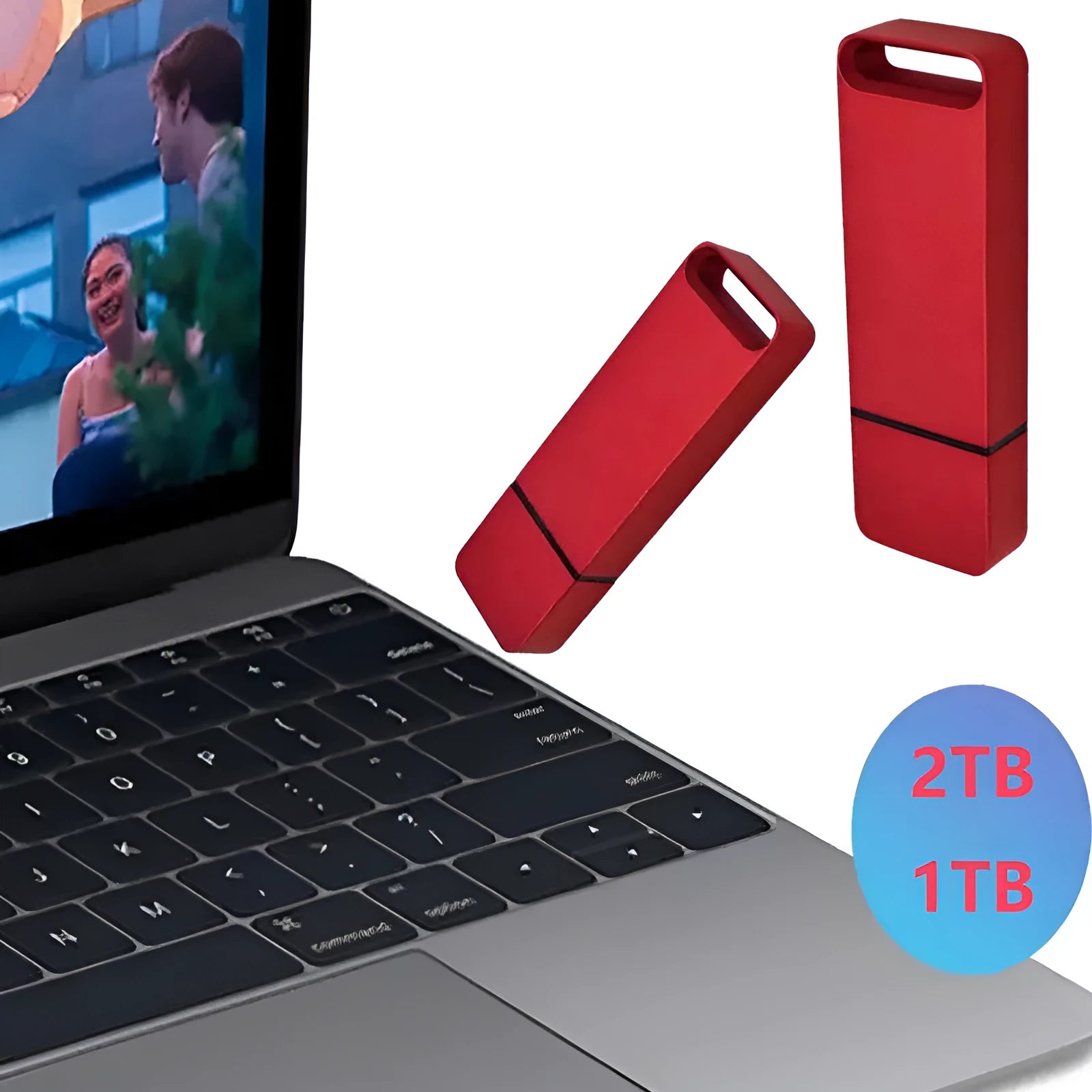 Customisable metal USB flash drive in black, red, or silver with capacities from 1TB to 16TB.