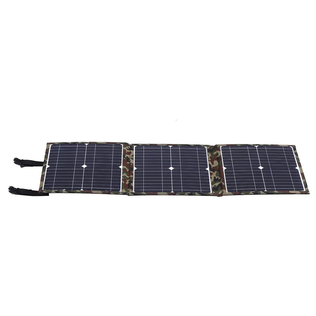 Black foldable portable solar panel unfolded, showing three monocrystalline cells, with included car charger and cables.