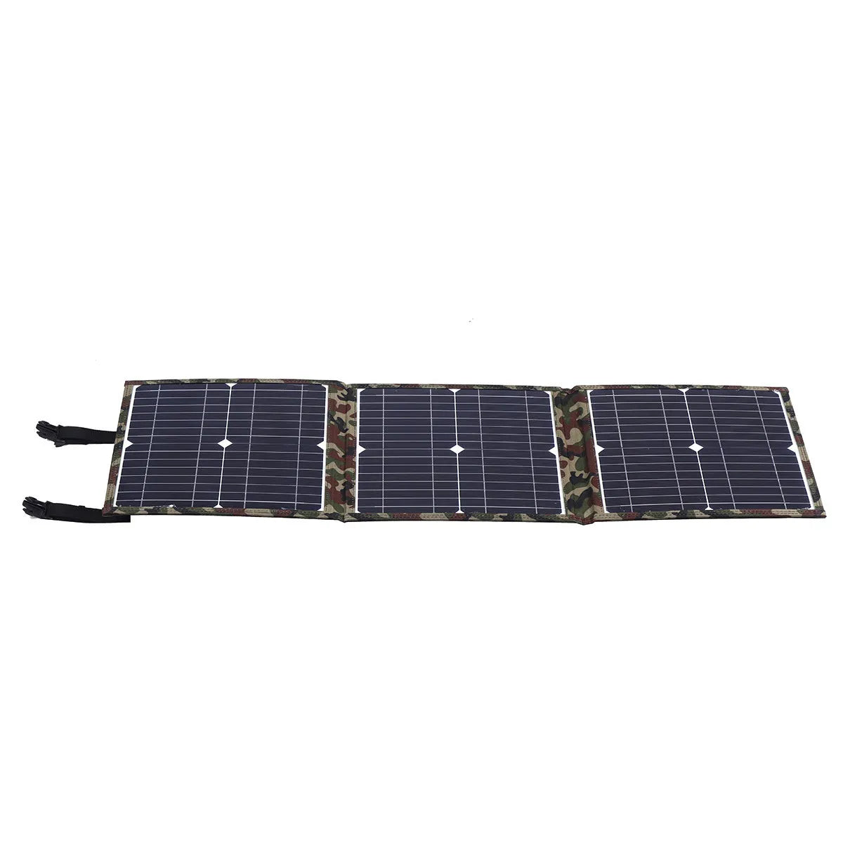Black foldable portable solar panel unfolded, showing three monocrystalline cells, with included car charger and cables.