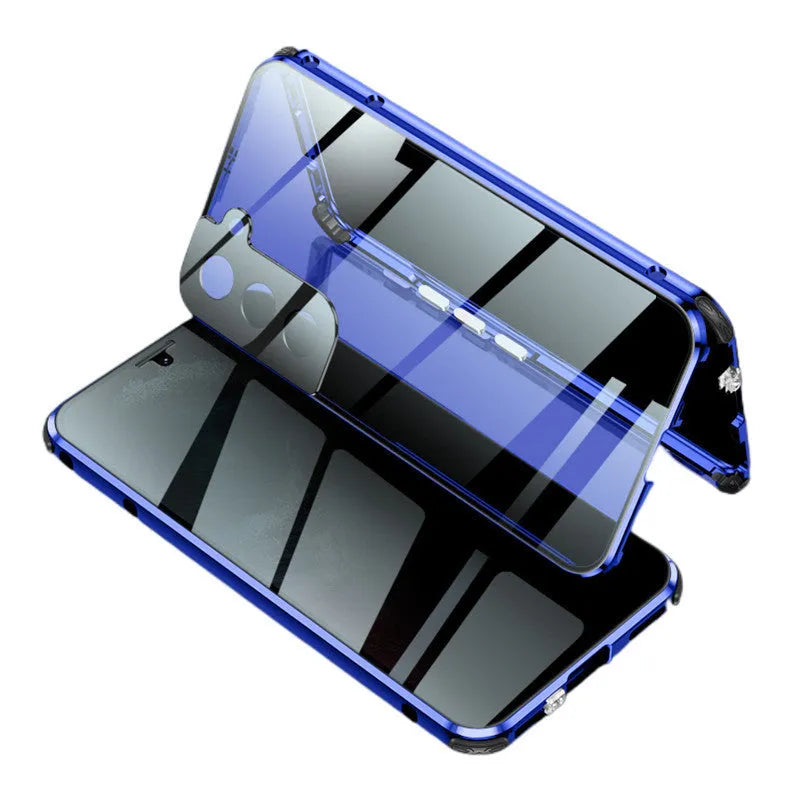 Black magnetic privacy phone case with clamshell design showing anti-peeping screen