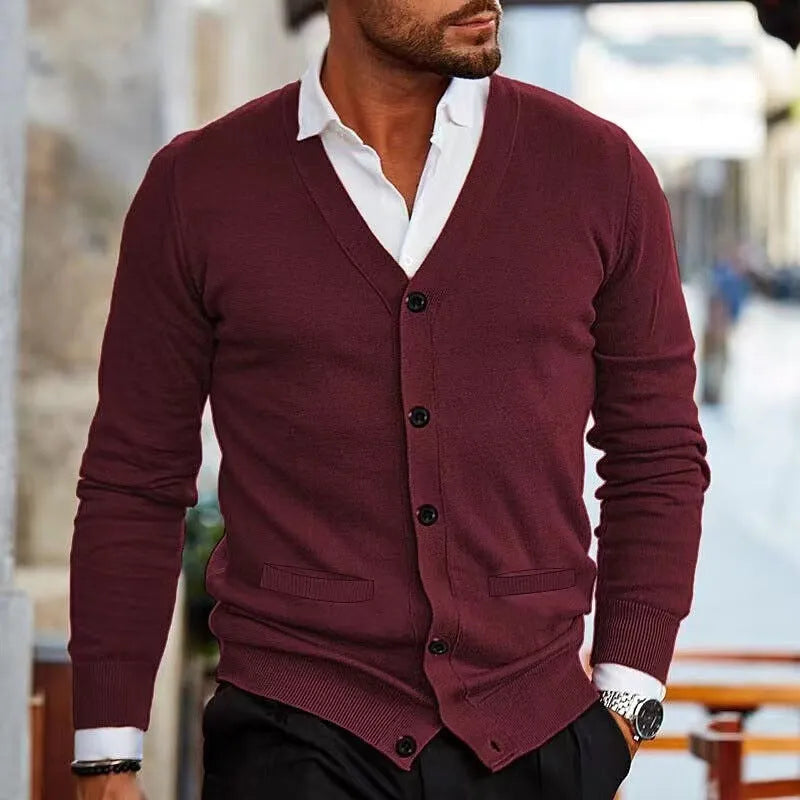 Men's slim fit acrylic cardigan in light grey, shown as a long-sleeved sweater coat open at the front.