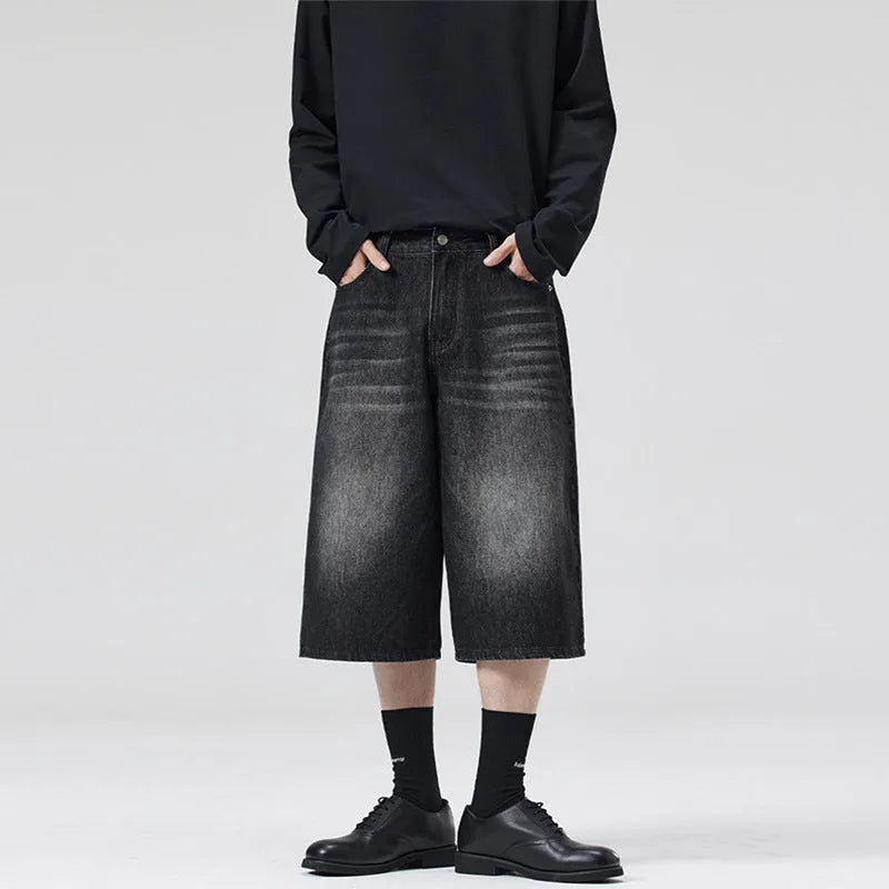 Men's straight-leg denim shorts in light blue with cropped ankle length