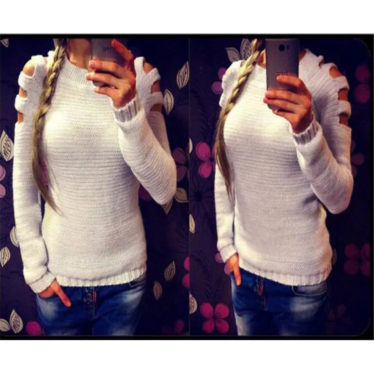 Women's grey knitted pullover shirt with round neck and crocheted hollow-out long sleeves