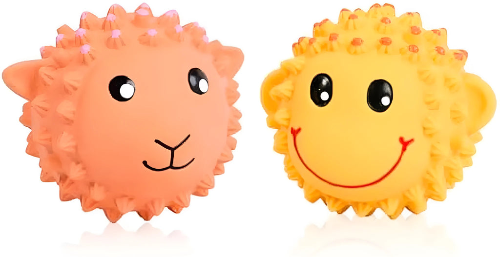 Orange and yellow latex dog toys with spiky surfaces and animal designs