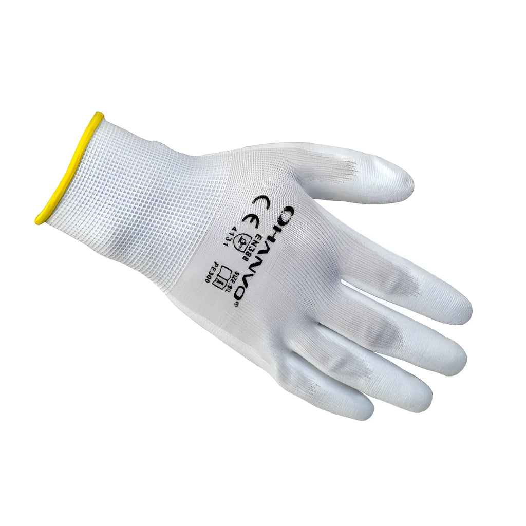 White PU coated labour gloves showing palm coating and mesh back panel