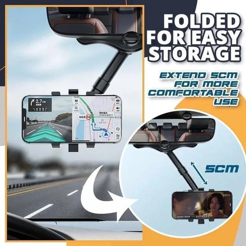 Black rearview mirror phone holder with telescopic arm and 360-degree rotation mechanism